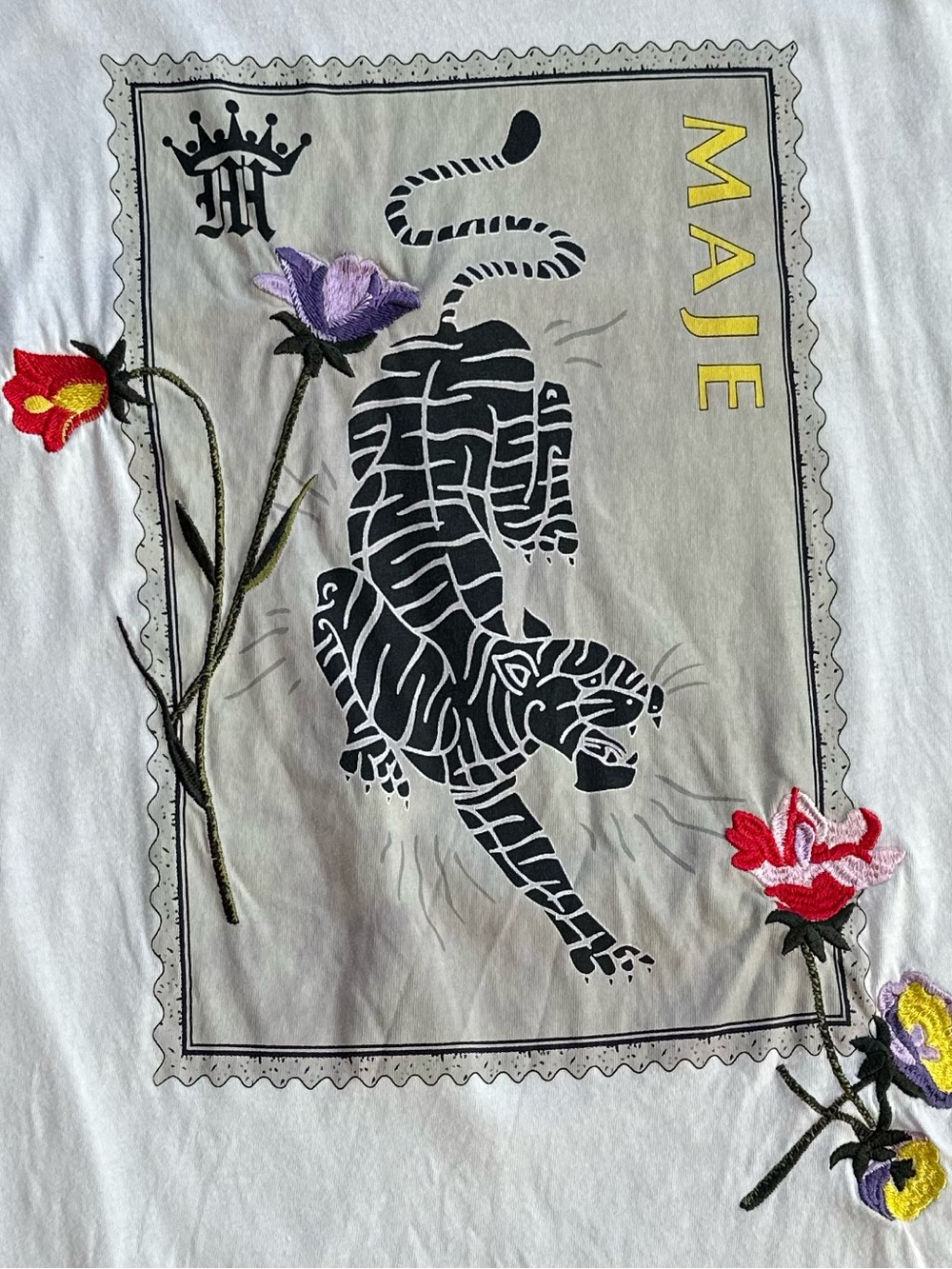 🐅 Maje White Tee with Black Tiger Stamp and Floral Embroidery SZ 1 / SM🥀 - Picture 14 of 17